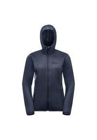Veste softshell navy avec une capuche ajustée, une fermeture éclair frontale complète, deux poches latérales et un logo sur la poitrine. Texture lisse et design athlétique.