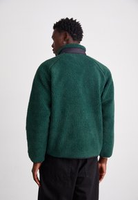 Grüne Fleecejacke mit einer strukturierten, flauschigen Oberfläche, hoher Kragen und schwarzen Akzenten am Ausschnitt. Schlichtes, modernes Design.