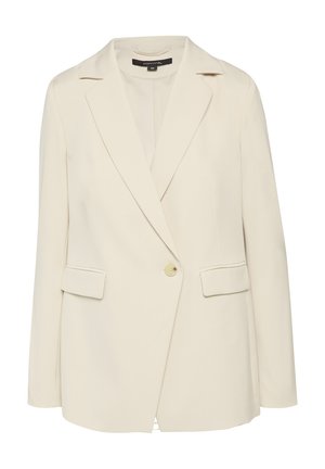 Beige Blazer mit einem einzelnen goldenen Knopf, Reverskragen und zwei Vorderaschen. Glattes Material mit taillierter Passform und geradem Saum.