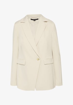 Beige blazer with a single golden button, notch lapel, and two front pockets. Smooth fabric with a tailored fit and straight hem.