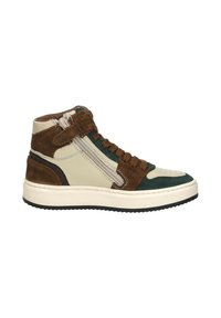Hoge sneakers van beige leer en bruine suede met groene accenten, getextureerde neus en zijrits. Rubberen zool.