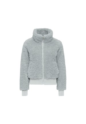 Fleece jacket in light gray with a high collar, front zip closure, and ribbed cuffs and hem. Features a textured, soft surface.