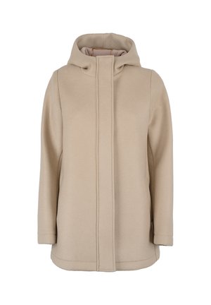 Cappotto beige con cappuccio dal design dritto, realizzato in tessuto morbido. Presenta una chiusura frontale nascosta e tasche laterali.