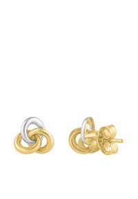 Kuld- ja hõbedast metallstud-kõrvarõngad, millel on põimunud rõngakujundus, poleeritud viimistlus ja sile tekstuur.