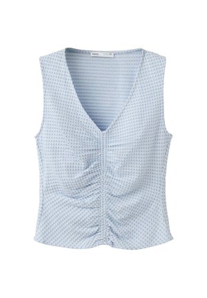 Top azzurro chiaro senza maniche con piccolo motivo a quadri, scollo a V e dettaglio arricciato al centro davanti.
