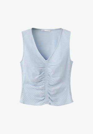 Top azzurro chiaro senza maniche con piccolo motivo a quadri, scollo a V e dettaglio arricciato al centro davanti.