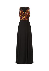 Maxikleid mit einem schwarzen Rock und einem bunten, floral gemusterten Oberteil in Rot, Gelb und Schwarz. Es hat einen V-Ausschnitt und einen Reißverschluss auf der Rückseite.