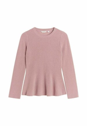 Langmouw, geribbeld tricot top in zachtroze. Aansluitend lijfje met een uitlopende zoom. Ronde halslijn, geen zichtbare hardware of patronen. Gladde textuur.