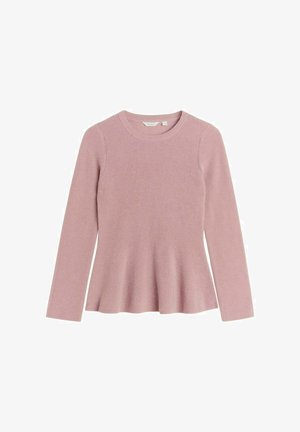 Langmouw, geribbeld tricot top in zachtroze. Aansluitend lijfje met een uitlopende zoom. Ronde halslijn, geen zichtbare hardware of patronen. Gladde textuur.