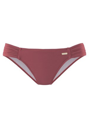 Rippeliger, kastanienbrauner Bikini-Unterteil mit gefalteten Seitendetails und elastischem Bund. Glatte Innenauskleidung und diamantförmiges Schnittdesign.