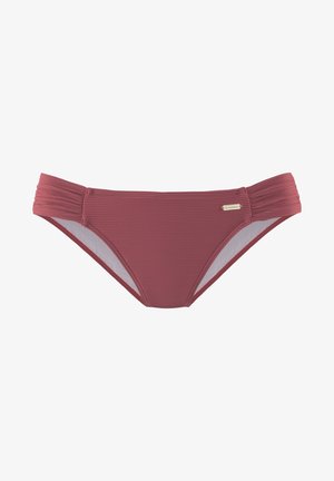 Bas de bikini côtelé, bordeaux, avec des accents plissés sur les côtés et une taille élastique. Doublure intérieure lisse et design de couverture en forme de diamant.