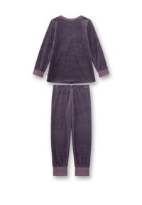 Paars velours pyjama set met lange mouwen top en broek. De manchetten hebben een gestreept ontwerp. Zachte textuur overal.
