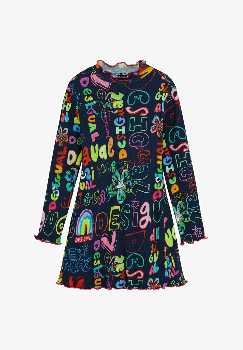 Rochie cu mâneci lungi, de culoare bleumarin, cu modele grafice multicolore, guler și tiv cu volane. Prezintă imprimeuri florale și texte. Material elastic.