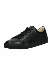 Schwarze Ledersneaker mit strukturierter Oberfläche, runder Zehenpartie und flacher Gummisohle. Mit schwarzen Schnürsenkeln und einem kontrastierenden Innenfutter.