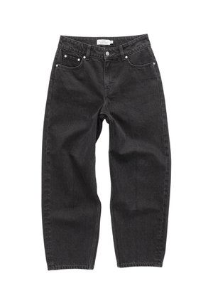 Black denim jeans with a loose fit, five pockets, and metal rivets. Features a classic waistband and straight leg design.