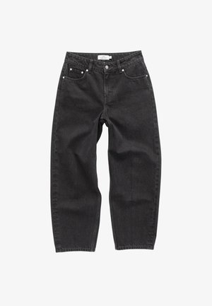 Black denim jeans with a loose fit, five pockets, and metal rivets. Features a classic waistband and straight leg design.