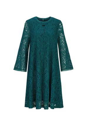 Tealgrünes Spitzenkleid mit langen Glockenärmeln, rundem Ausschnitt und knielangem Saum, mit durchgehend floralem Spitzenmuster.
