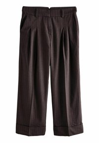 Pruunid triibulised püksid kõrge vöökohaga, volditud ja küljetaskutega ning rullitud varrukatega. Valmistatud tekstuursest kangast, millel on kohandatud sobivus.