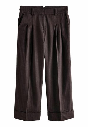 Brown pinstriped trousers with a high waist, pleats, side pockets, and rolled cuffs. Made from a textured fabric, featuring a tailored fit.