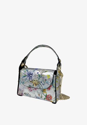 Klein zilveren handtasje met kleurrijke bloemen- en vlinderprint, gouden bij-sluiting, korte handgreep en afneembare gouden kettingband.