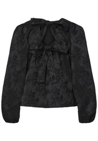 Blusa nera con maniche lunghe a sbuffo, dettagli con fiocco al collo e nella parte posteriore, e un motivo floreale testurizzato su tutta la superficie.