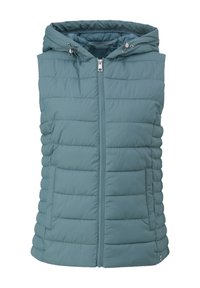 Vadderad väst i mjukt teal med dragkedja framtill och justerbar huva. Har horisontell ribbad sömnad och sidofickor. Slät yta.