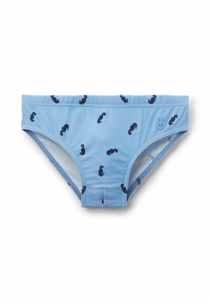 Hellblaue Jungen-Badehose mit kleinen Marine-Seepferdchenmustern und einem erhabenen Logo auf der linken Seite.