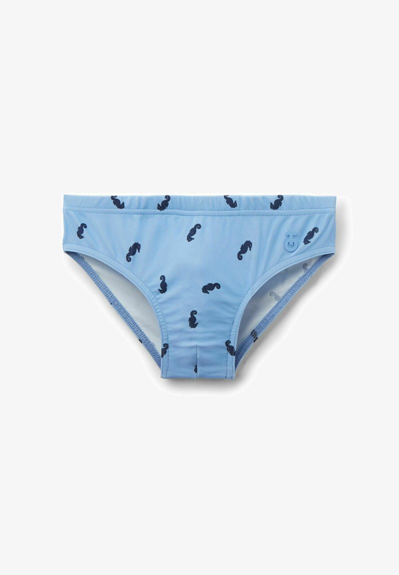 Maillots de bain pour garçons bleu clair avec de petits motifs de hippocampes bleu marine et un logo en relief sur le côté gauche.