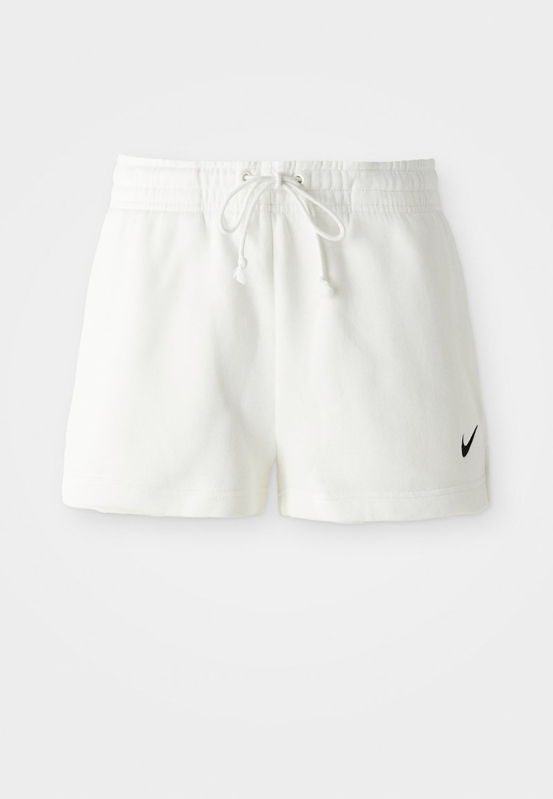 Pantalones cortos deportivos de algodón blanco con cintura elástica y cordón, con un pequeño logo de Nike en negro en la pierna izquierda.