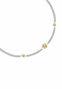 Collana in argento con accenti dorati attorcigliati e connettori tondi lisci, che presenta un design a strati con texture lucide.