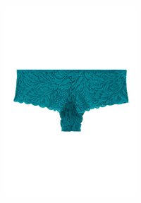 Culotte en dentelle teal avec un motif floral, des bords festonnés et une texture douce. Présente un design taille mi-haute et une couverture arrière minimale.