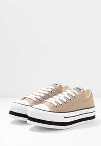 Beige lærreds-sneakers med hvide snørebånd, forstærkede gummitåhætte og sort-hvide stribede platformsåler.