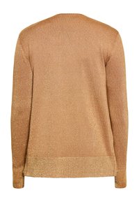 Maglione lungo a maniche con collo rotondo in oro metallico, texture liscia e vestibilità leggermente ampia. Il retro presenta un design pulito e semplice.