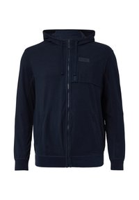 Donkerblauwe zip-up hoodie met een capuchon met trekkoord, een voorzak en zijzakken. Gemaakt van zachte stof met een gladde textuur en minimalistische details.