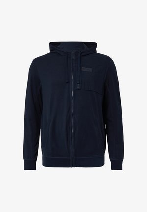 Navy zip-up hoodie with a drawstring hood, a front pocket, and side pockets. Made from soft fabric with a smooth texture and minimal detailing.