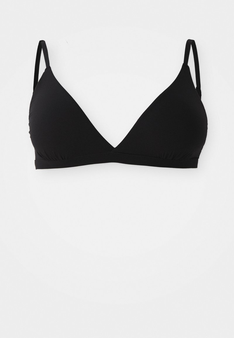 Bralette triangle noir avec bretelles fines ajustables, dotée de bonnets sans coutures et d'une bande sous poitrine froncée pour un ajustement lisse.