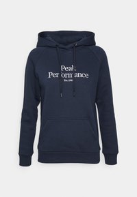 Felpa blu navy realizzata in tessuto morbido, con tasca frontale, cappuccio regolabile con cordino e testo stampato bianco: "Peak Performance Est. 1986."