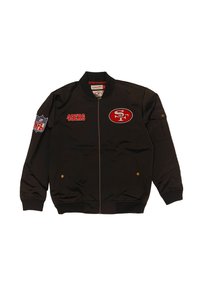 Schwarze Bomberjacke mit rober "49ERS" Stickerei, NFL-Logo-Patch am Ärmel, Reißverschluss und gerippte Bündchen und Saum.