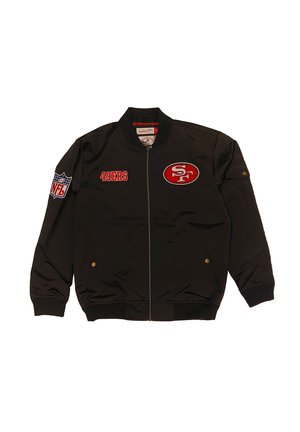 Schwarze Bomberjacke mit rober "49ERS" Stickerei, NFL-Logo-Patch am Ärmel, Reißverschluss und gerippte Bündchen und Saum.