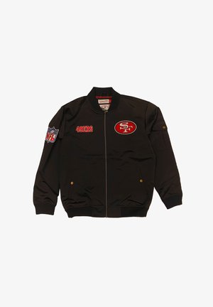 Schwarze Bomberjacke mit rober "49ERS" Stickerei, NFL-Logo-Patch am Ärmel, Reißverschluss und gerippte Bündchen und Saum.