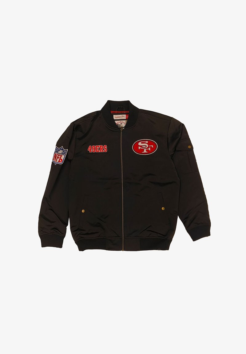 Black bomber jacket featuring red "49ERS" embroidery, NFL logo patch on sleeve, zip closure, and ribbed cuffs and hem.