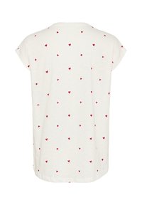 T-shirt à manches courtes, couleur crème, avec un motif de petits cœurs rouges sur l'ensemble, dotée d'un col rond et d'une coupe décontractée.
