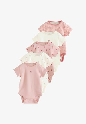 Viisi lyhythihaista vauvanhaalaria vaaleanpunaisina ja valkoisina, joissa on kirsikka- ja hedelmäkuvioita, aseteltuna porrastetusti valkoiselle taustalle.