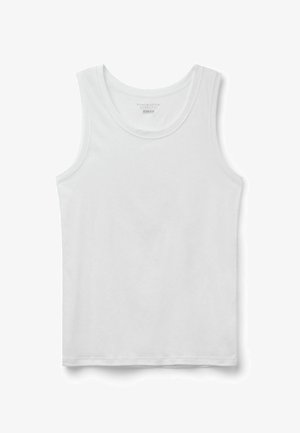 Débardeur blanc en coton sans manches avec un col rond, étiqueté coton premium super léger, posé à plat sur un fond blanc.