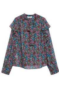 Blomstret bluse med lange ærmer og flæse detaljer, prydet med en mørk baggrund med røde, pink og blå blomster. Lavet af let, gennemsigtig stof.
