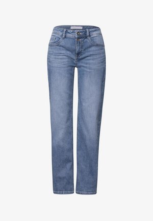 Light blue denim jeans with a straight leg design, two front pockets, and two back pockets. Features a button and zip fly closure.