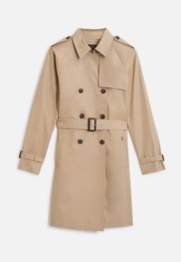 Beiger Trenchcoat aus glattem Stoff mit doppelter Knopfleiste, zwei Fronttaschen, einem Gürtel und Schulterklappen.