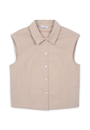 Chemise beige à manches courtes en tissu léger, dotée d'un col classique et d'une fermeture à boutons sur le devant, avec des détails de plis subtils.