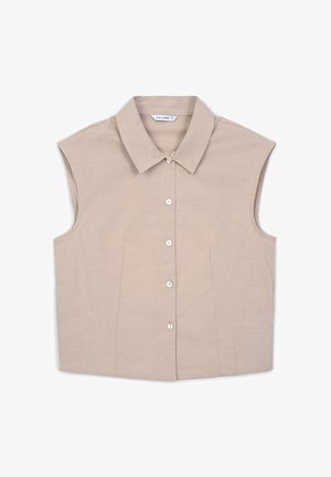 Camicetta beige a maniche corte realizzata in tessuto leggero, caratterizzata da un colletto classico e chiusura frontale a bottoni, con dettagli di pieghe sottili.