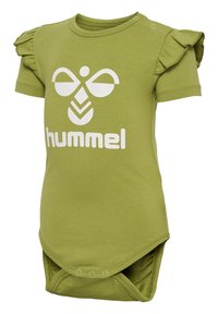 Grön bomull bodysuit med korta volangärmar, rundad halsringning och en stor vit logotyp framtill. Tryckknappar i botten.